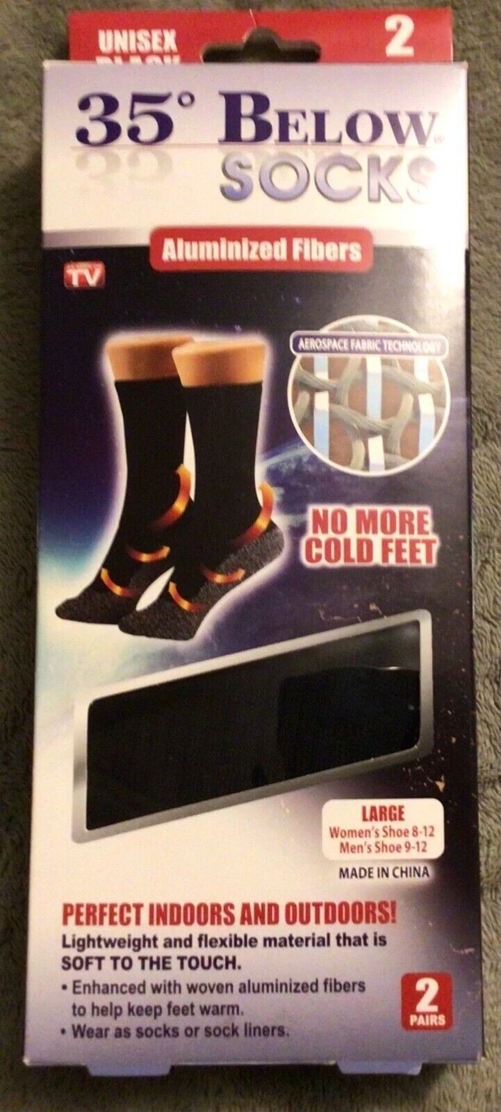 NEW! 35° Below Aluminized Fibers Socks, 2 Pair, Size Large Unisex, Black