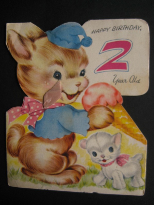 1950s vintage greeting card diecut BIRTHDAY To 2-Year-Old Bunny w/ Ice Cream 