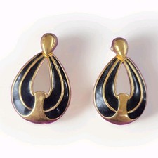 Vtg Napier Marked Earrings Black Gold Tone Tear Drops