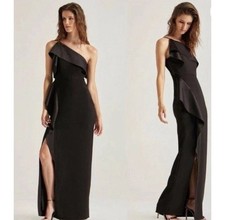 NWT Halston Evening Collection One Shoulder Drape Satin Panel Crepe Gown Black 0