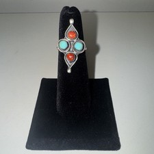 Vintage Navajo Silver Ring Turquoise Red Coral Ring Size 5