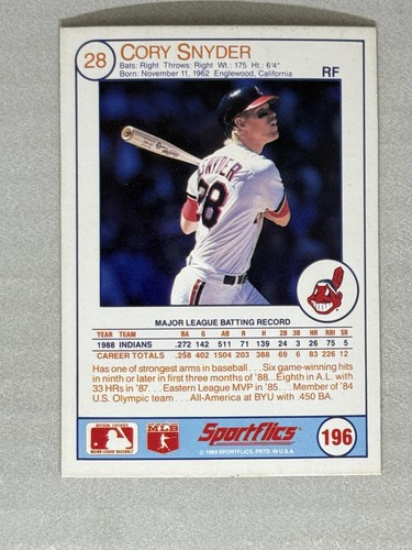Cory Snyder 1989 Sportflics #196 Cleveland Indians - Picture 2 of 2