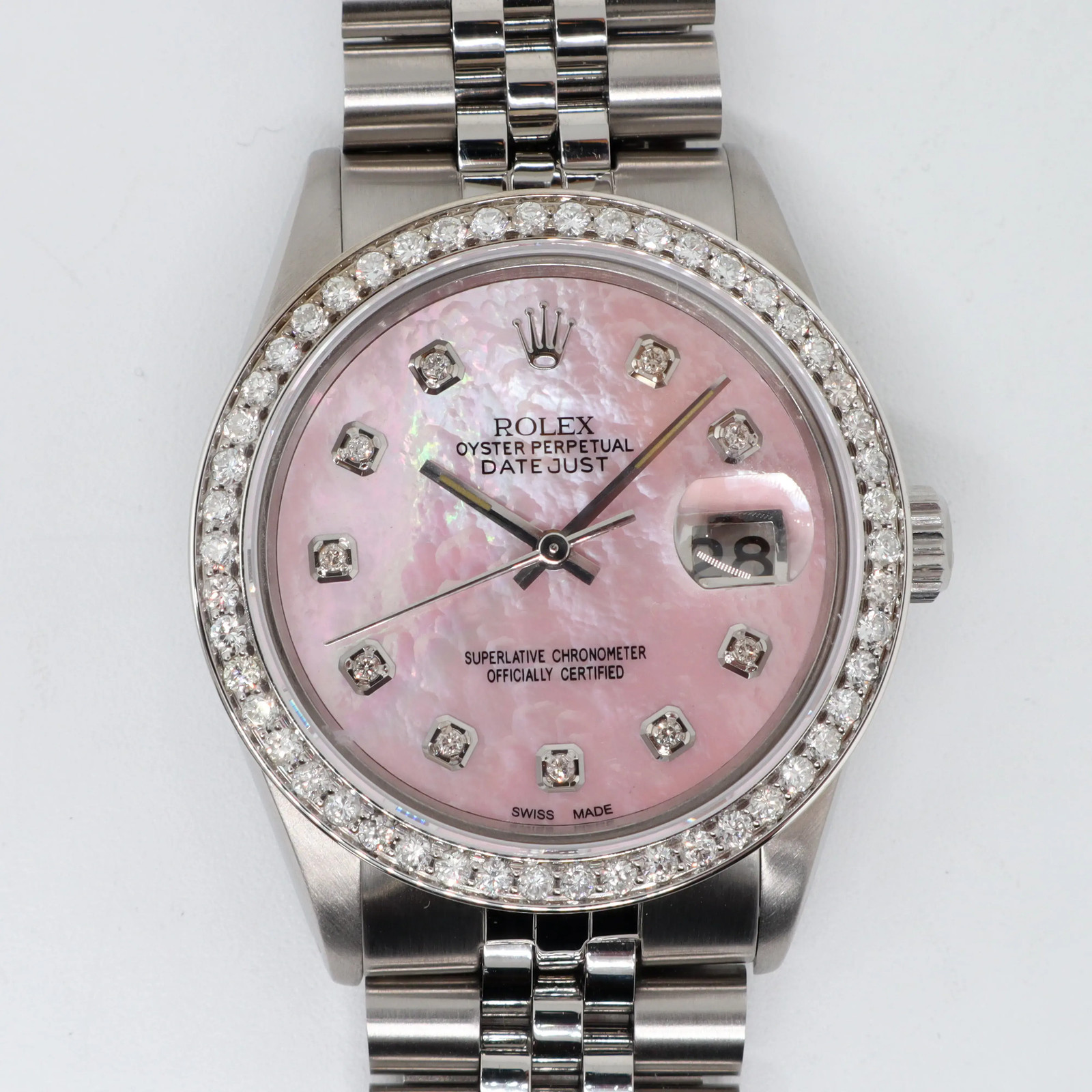 1980's Rolex Datejust 16014 36mm Steel Custom Diamond Pink MOP Dial Watch