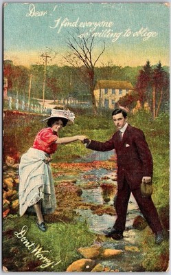 Dear I Find Everyone So Willing To Oblige, Couple Holding Hands Vintage Postcard