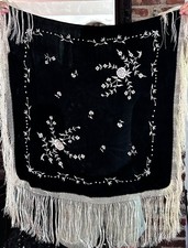 ANTIQUE SILK HAND-EMBROIDERED PIANO SHAWL w/HAND-KNOTTED LONG FRINGE - GORGEOUS 