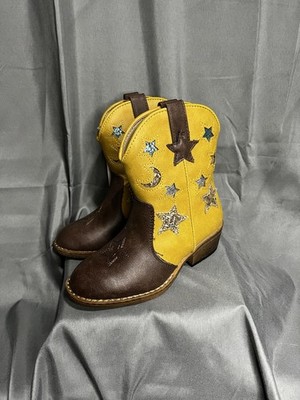 Rollda Girls Size 10c Cowboy Boots Yellow Brown Stars Moon Sparkle