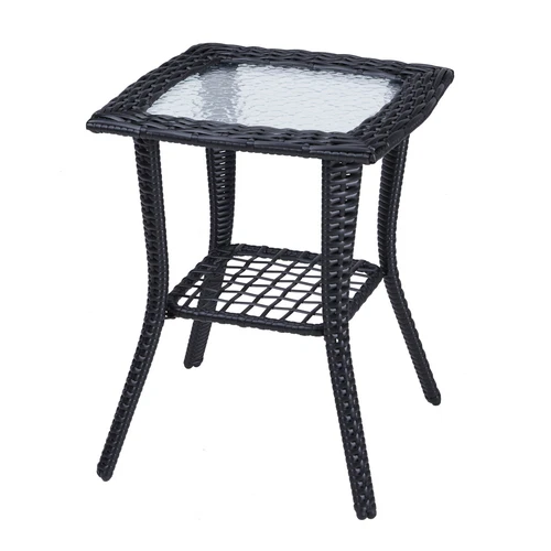 Outdoor Wicker Side Table Rattan End Table with Glass Top for Patio Black - Picture 3 of 12