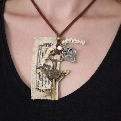 Vintage Style Winged Key Necklace on Suede Cord with Fabric Tag Charms
