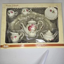 Classic Treasures 10 Piece Mini Porcelain Tea Set White and Pink Roses Doll Play