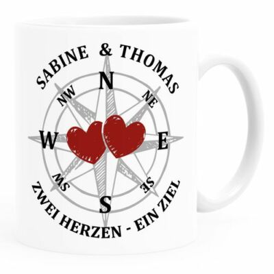 personalisierte Kaffee-Tasse Kompass zwei Herzen ein Ziel mit Namen