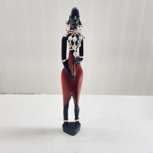 African Masai Hand Carved Wood Figurine Woman Beads - Picture 4 of 8