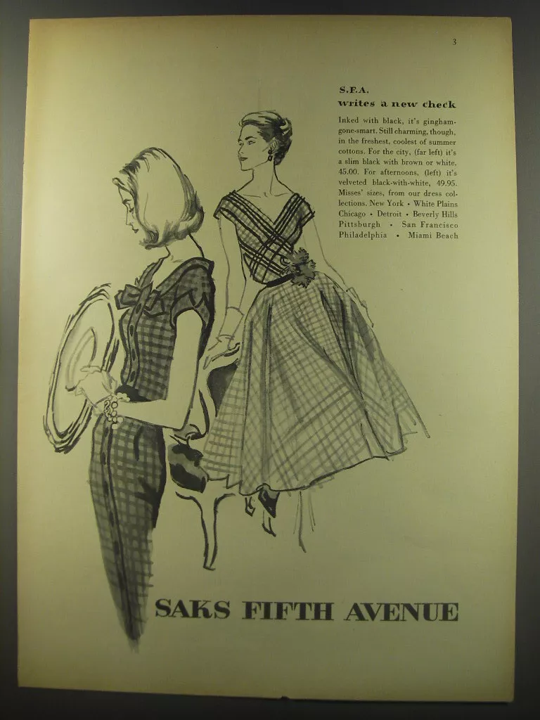 1956 Saks Fifth Avenue Dresses Ad - S.F.A. writes a new check