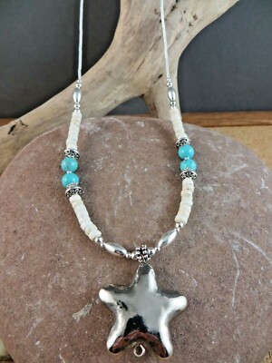 Blau & Weiß Türkis Puffy Star Lavaliere Flüssig Sterlingsilber Halskette #256