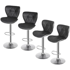 Set of 4 Black Bar Stools w/Shell Back PU Leather Back Adjustable Swivel Stools