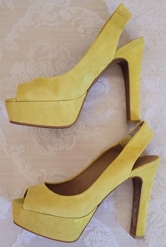 ZARA LIME YELLOW SUEDE LEATHER PLATFORM HEELS PEEP TOE SHOES EU38 UK5 - Picture 3 of 12