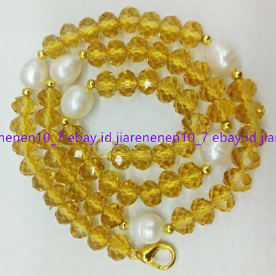 5x8mm Yellow Faceted Crystal Rondelle Gems Beads 9-10mm White Pearl Necklace 18''