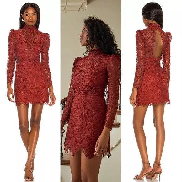Saylor Lace Mockneck Long Sleeves Mini Celia Dress in Russet Size Medium NWOT