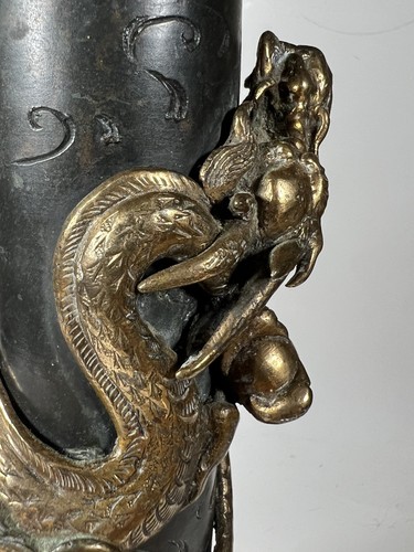 Meiji Antique Brass Raised Entwined Dragon Lamp 12” Former Candlestick Incense - Picture 22 of 24