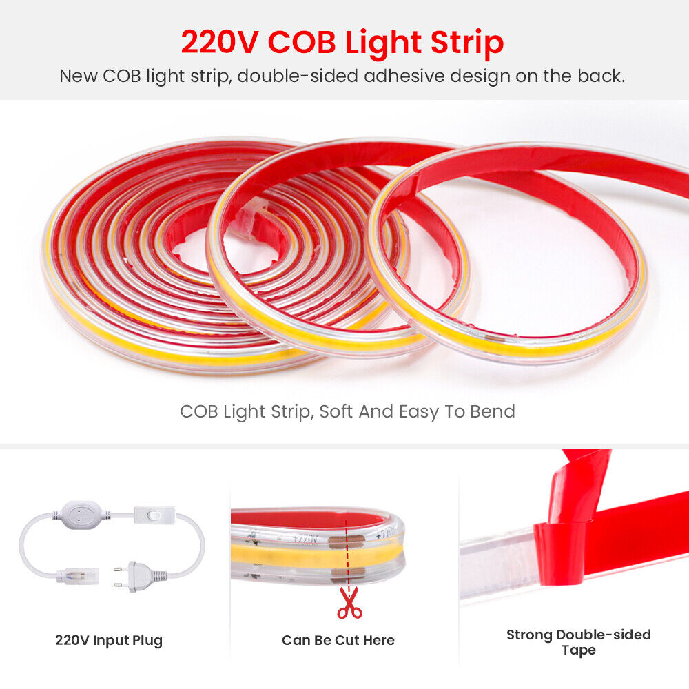 220V Streifen COB LED 230V Leiste Band Stripe Lichterkette Lichtschlauch Dimmbar