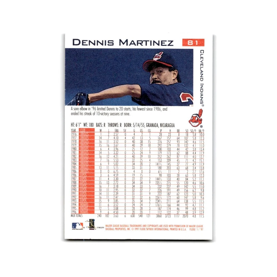 Dennis Martinez 1997 Fleer #81 Cleveland Indians Baseball Card NM - Image 2 of 3