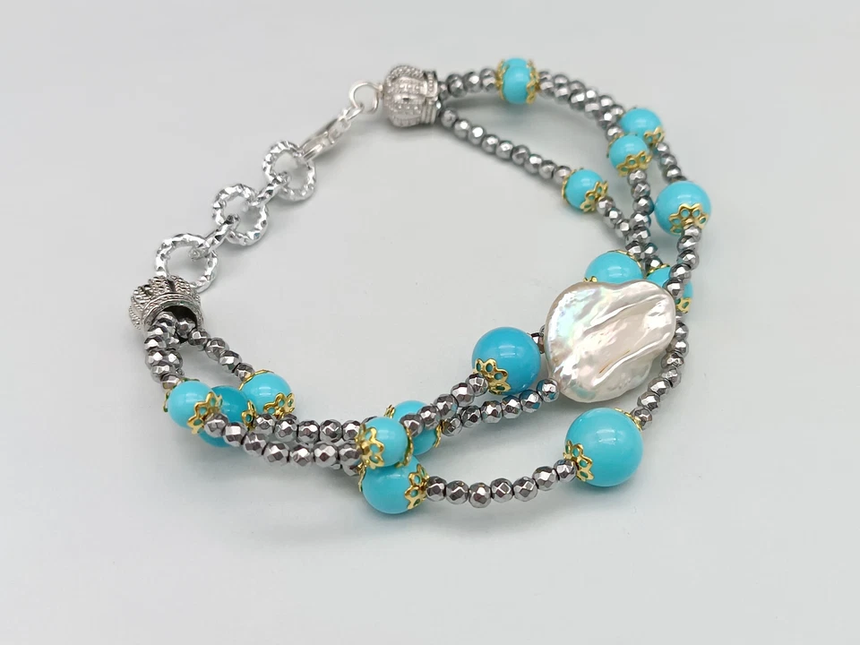 bracciale donna multifilo turchese perle barocche naturali argento 925 ematite - Immagine 3 di 4