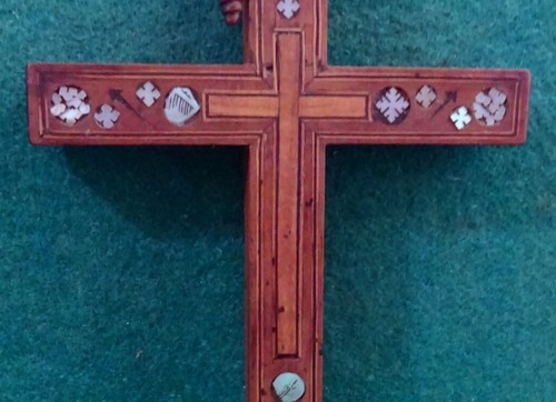 Antiq JERUSALEM WOOD & MOTHER OF PEARL CROSS w/ STATIONS OF THE CROSS 223mm - Picture 3 of 9