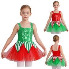Girls Christmas Tutu Dress Shiny Sequins Sleeveless Ballet Leotard Elf Costume
