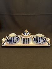 Hand Painted European Style Blue Stripe Teacups Saucers Tea Caddy Serving Tray