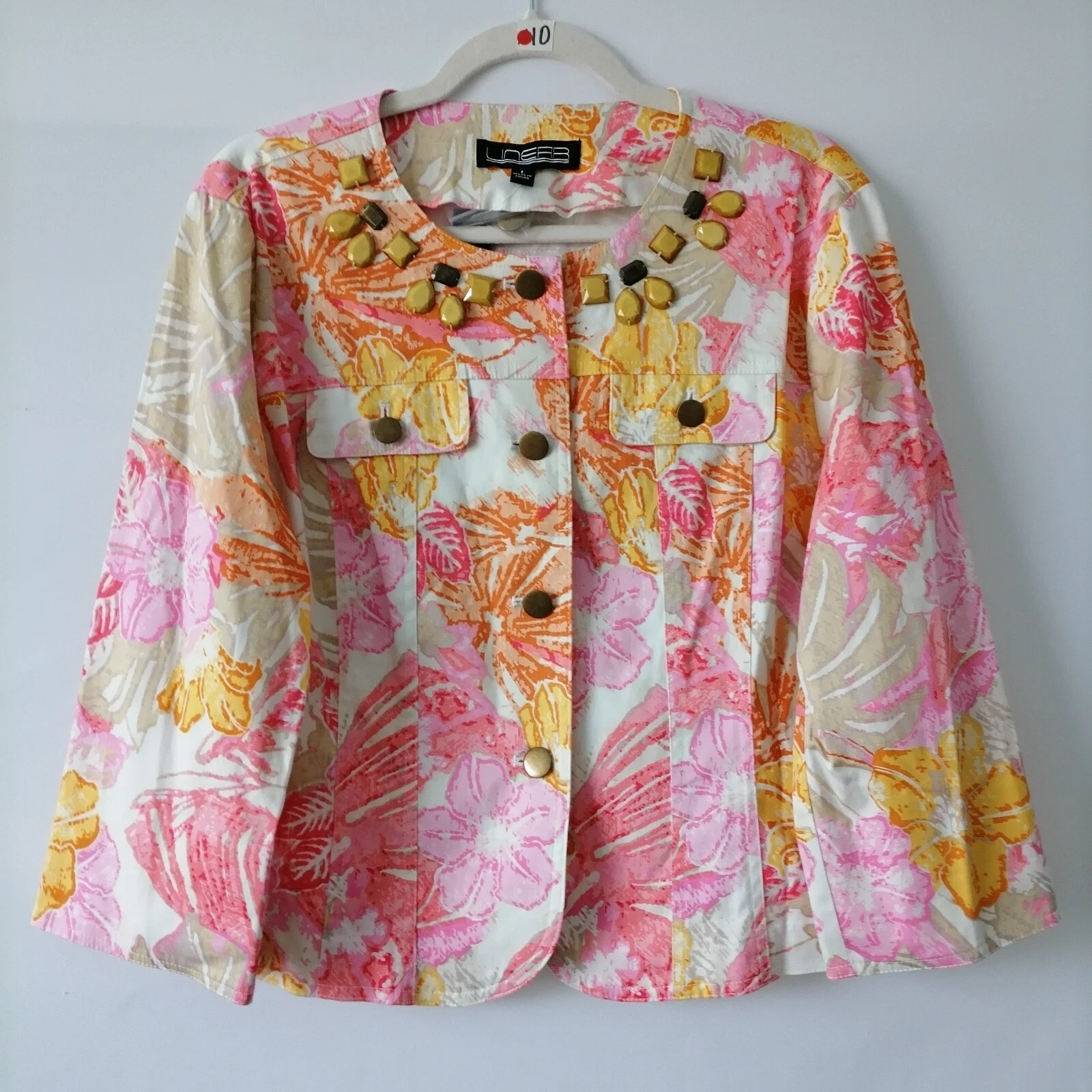 NWT Linear Womens White Beaded Detailing Spring Floral Leaf Print Jacket Size L