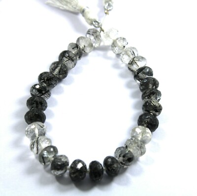  9 MM 95 Carat Natural Black White Faceted Rutilated Rondelle Shape 8 Inch Beads