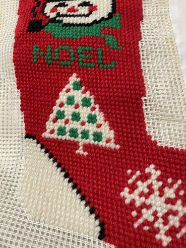 VTG Needlepoint LG Noel Christmas STOCKING SNOWMAN TREE Wall Hanger 16" - Picture 3 of 6