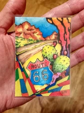 Historic US Route 66 Highway Landscape Watercolor Ink ACEO Print - FREE SHIPPING