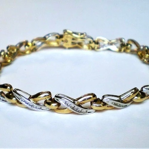 Designer 10K Yellow White Gold Genuine Diamond Huggs Kisses Tennis Bracelet P