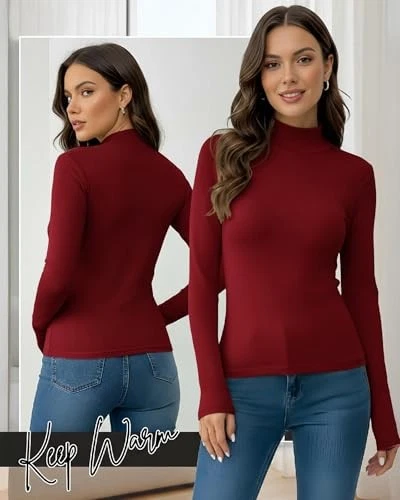 3 Pcs Women Thermal Turtlenecks Shirts Soft Large Black, Brown, Brick Red - Image 3 of 4