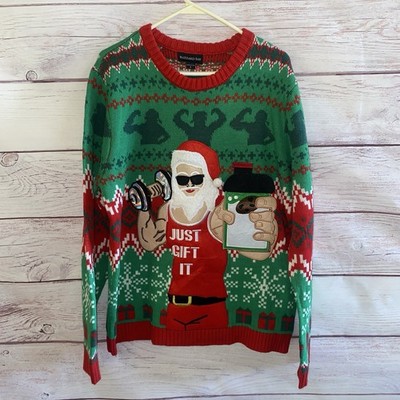Blizzard Bay Men s Ugly Christmas Sweater L Buff Santa Just Gift It Dumbbell Bro