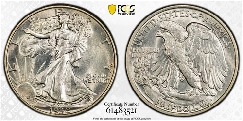 1938 Walking Liberty Silver Half Dollar PCGS AU58 50C Coin