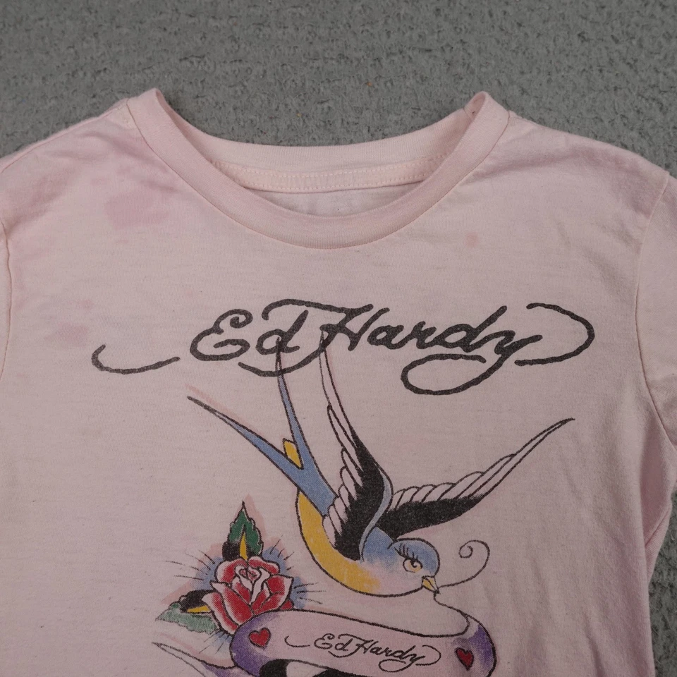 Camisa Ed Hardy Niñas Pequeña Rosa Golondrina Rosa Tatuaje Gráfico Camiseta EHW1104-17 Foto 3 de 4