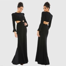 NWT Ieena for Mac Duggal Black Long Sleeve Puff Shoulder Cut Out Gown Size 14