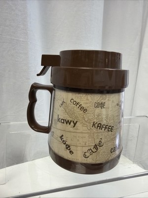 Vintage Thermo-Serv Map Languages No Spill 10 oz Travel Mug Coffee Cup + Lid