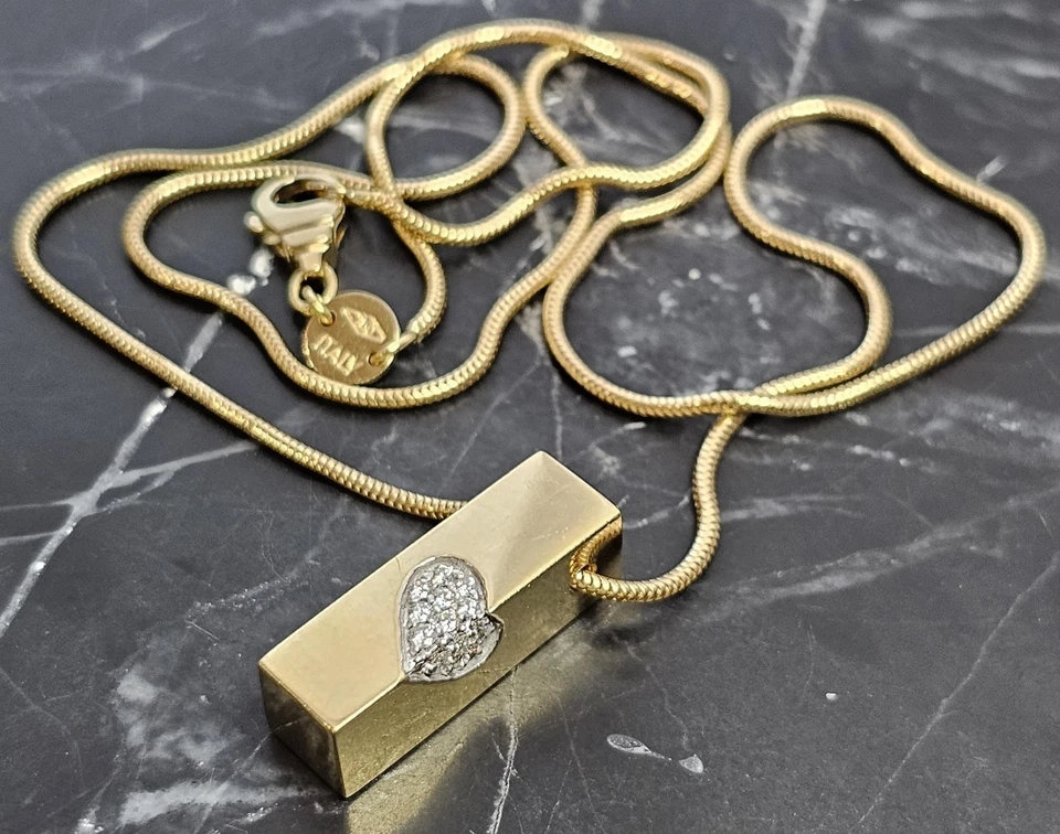 Collar Colgante Movado Oro Amarillo 18k Pavé Diamante Corazón Barra Cuerda Cadena Foto 2 de 4