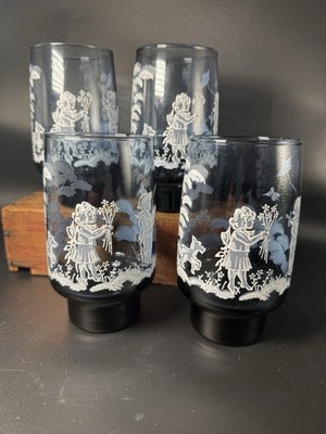 Libby  Mary Gregory  Blue Drinking Glasses Flowers, Dog, Kite set Of 4