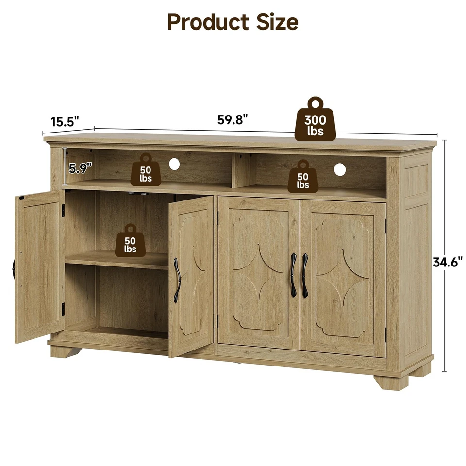 Aparador Buffet 60 Pulgadas con Almacenamiento, Credenza Grande con 4 Tallados... Foto 2 de 4