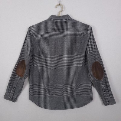J.Crew Button Down Mens L Black White Glen Plaid Cotton Wool Leather Elbow Patch