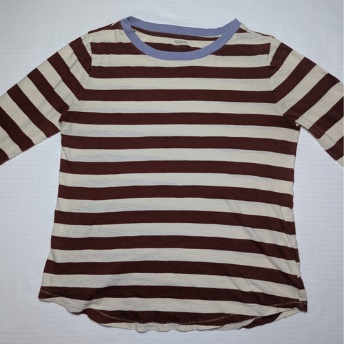 Madewell Women Size Small Brown Cream Striped Ringer Tee Long Sleeve Cotton Top