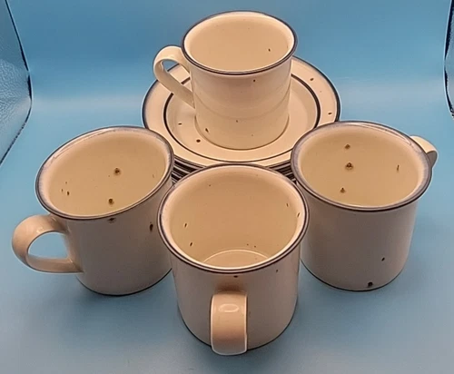 Set of 4 Dansk Blue Mist Niels Refsgaard Blue Rim Flat Mug Cup & Saucer Sets