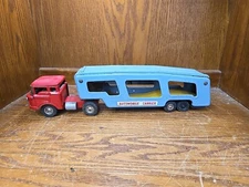 Vintage SSS Japan Tin Friction Auto Transport 18" Red And Blue