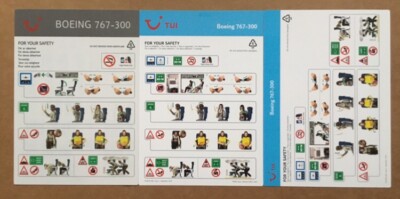 3 TUI BOEING 767-300 AIRCRAFT AIRLINE ON BOARD IN FLIGHT SAFETY CARDS
