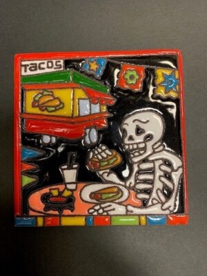 Glazed 4  Square Tile of Taco Truck Day of the Dead Dia de los Muertos   24763