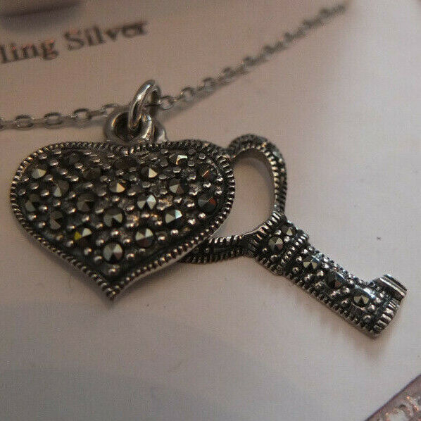 Sterling Silver Marcasite Heart and Key Necklace Sterling Silver Marcasite Heart and Key Necklace