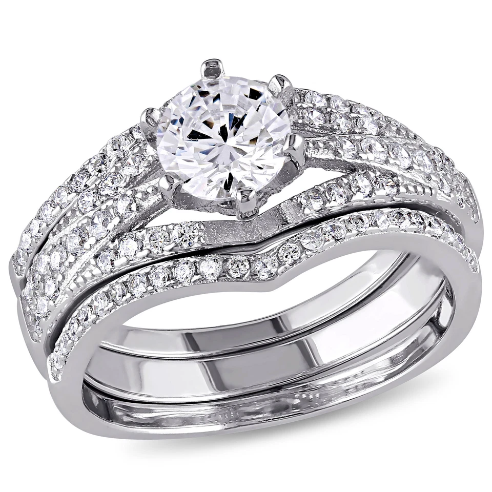 Amour Sterling Silver 2.34 CT TGW Cubic Zirconia 3-piece Bridal Ring Set
